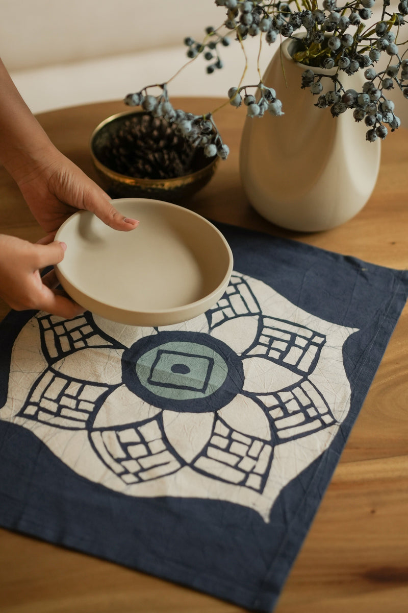 Kolam Place Mats - 18" x 18" - Steel Blue and Seaform Green on Washed Linen