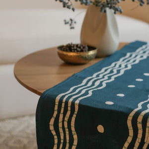Blue Odai Table Runner - 90" x 14" - Rye on Teal Blue
