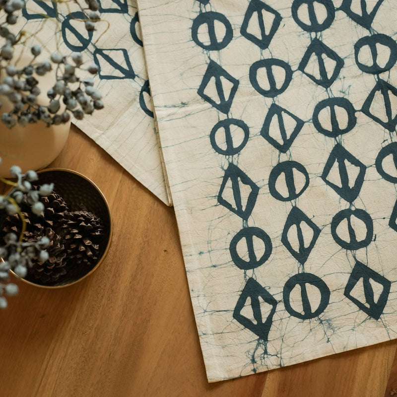 Thrigona Table Runner - 90" x 14" - Teal Blue on Washed Linen