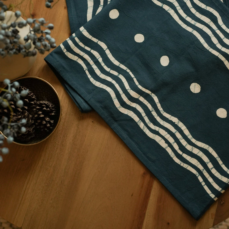 Blue Odai Table Runner - 90" x 14" - Washed Linen on Teal Blue