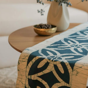 Neelam Flower Table Runner - 90" x 14" - Teal Blue on Rye