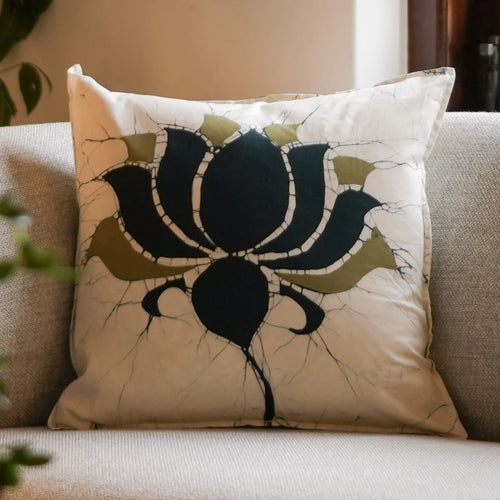 Neluma handmade cotton batik throw pillow in khaki green on seafoam blue, 18" x 18", by Kohomba Life.