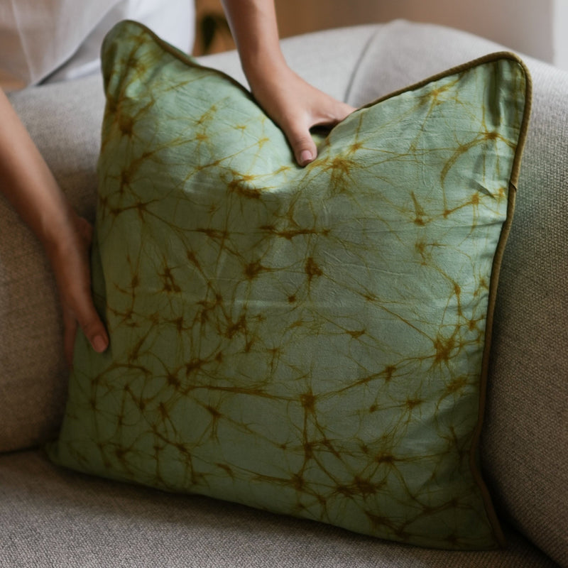 Thaalam Throw Pillow - 18" x 18" -  Khaki Green on Sage Green