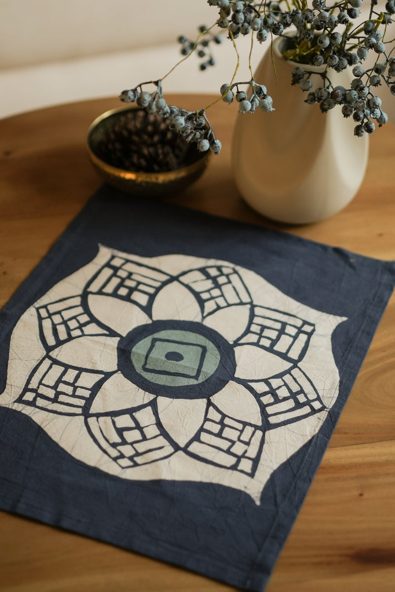 Steel Blue and Seaform Green on Rye Kolam handmade batik dining placemat, 18" x 14", from Kohomba Life.