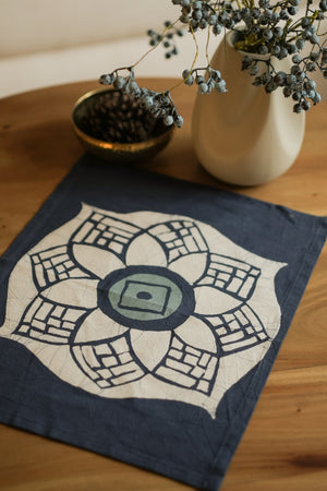 Kolam Place Mats - 18" x 18" - Steel Blue and Seaform Green on Rye